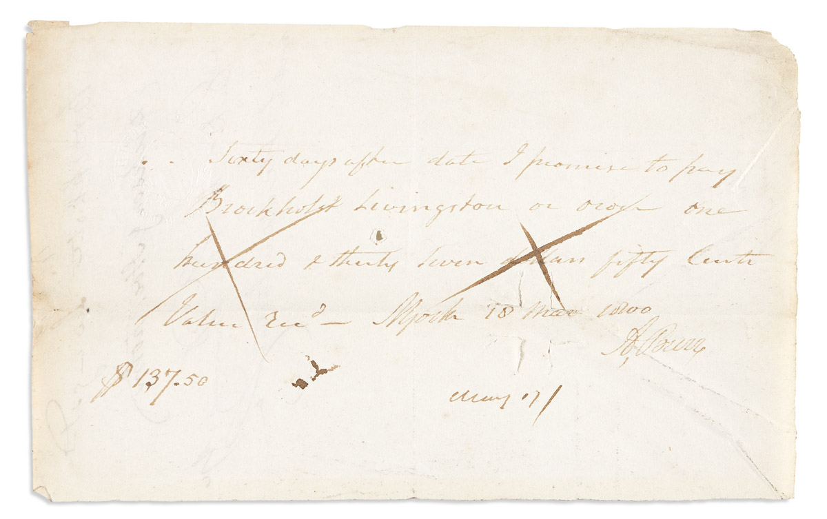 BURR, AARON. Autograph Document Signed, A. Burr, promissory note,